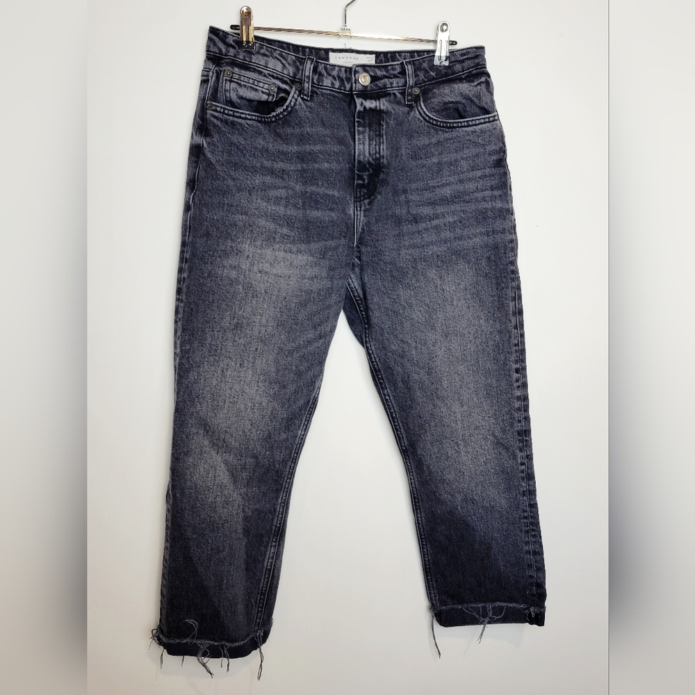 Topshop Women High Rise Crop Straight Leg Jeans Washed Black Distressed Size 30